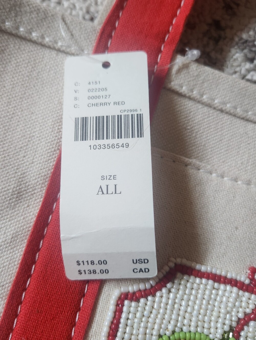 Anthropologie Cream Canvas Tote with Coral Trim and Beaded Cocktail Motif - Picture 4 of 11